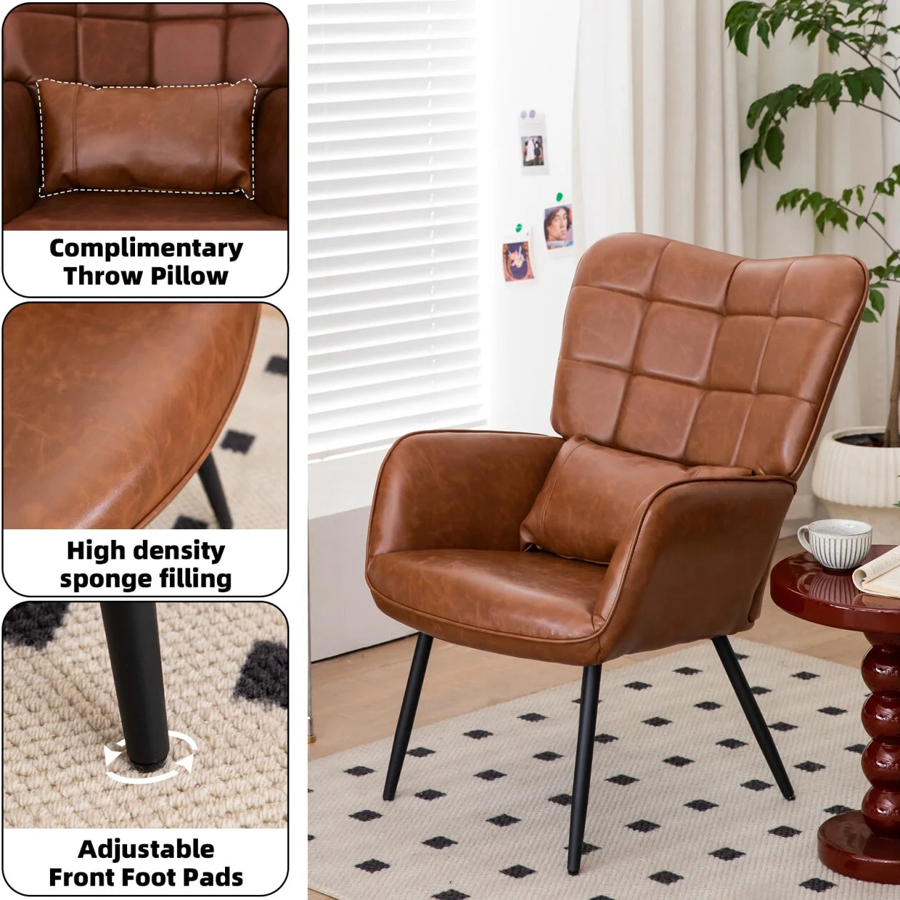 Modern Accent High Back Chair, Bonded Leather Armchair, Living Room Chairs with Metal Legs and Soft Padded, Sofa Chairs for Home Office/Bedroom/Dining Room, Brown (1pc)