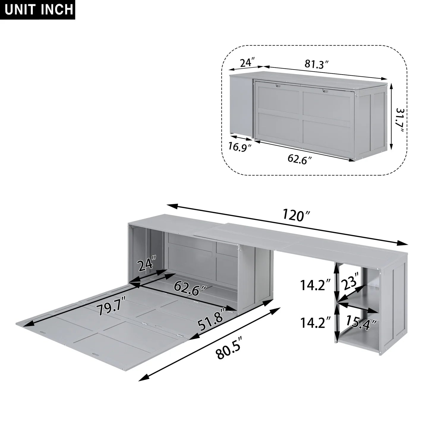 \ Queen Size Multi-Functional Cabinet,Wooden Foldable Platform BedFrame with Rotable Desk and Storage Shelves,Space-Saving Floor Bed Cabinet for Guest Room Home Office,Easy to Assemble,Gray