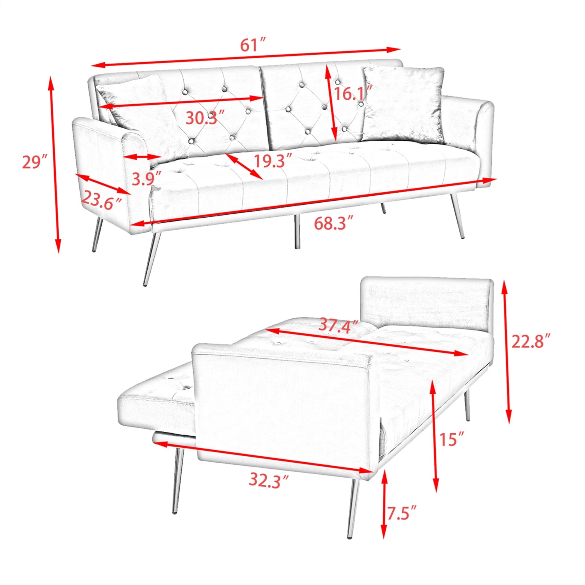 Aukfa Velvet Futon Convertible Sofa Bed for Home Office, 2 Pillows, Upgraded Metal Base, Gray