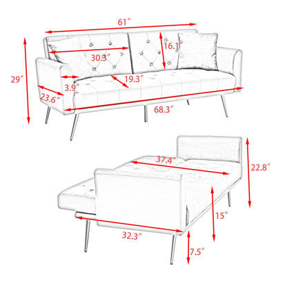 Aukfa Velvet Futon Convertible Sofa Bed for Home Office, 2 Pillows, Upgraded Metal Base, Gray