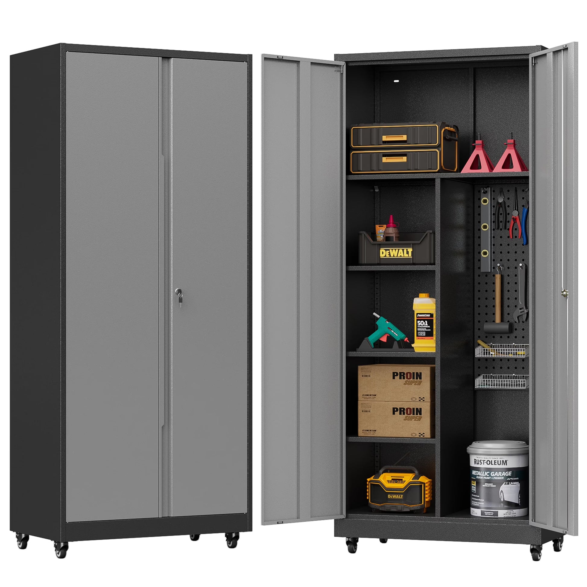 Bestoo Metal Storage Cabinet with Locking Doors, Garage Storage Cabinet with Wheels and Adjustable Shelves, Rolling Tool Storage Cabinet for Home Office, Garage, Pantry (Black)