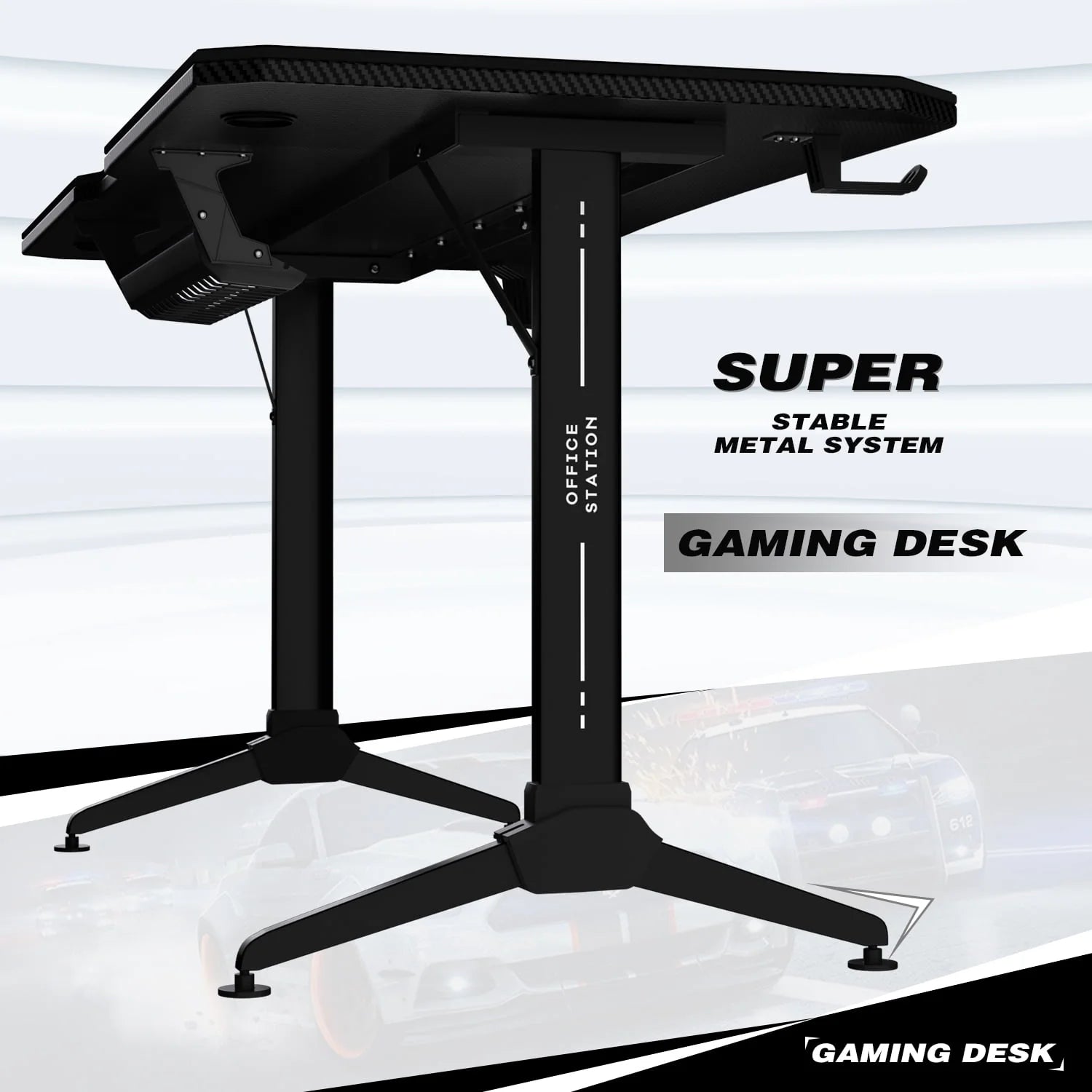 Homall 55 Inch Gaming Desk Y-Shaped PC Computer Gaming Office Desk with Mouse Pad Home Office Study Carbon Fiber Surface Gamer Workstation With Cup Holder and Headphone Hook, Black