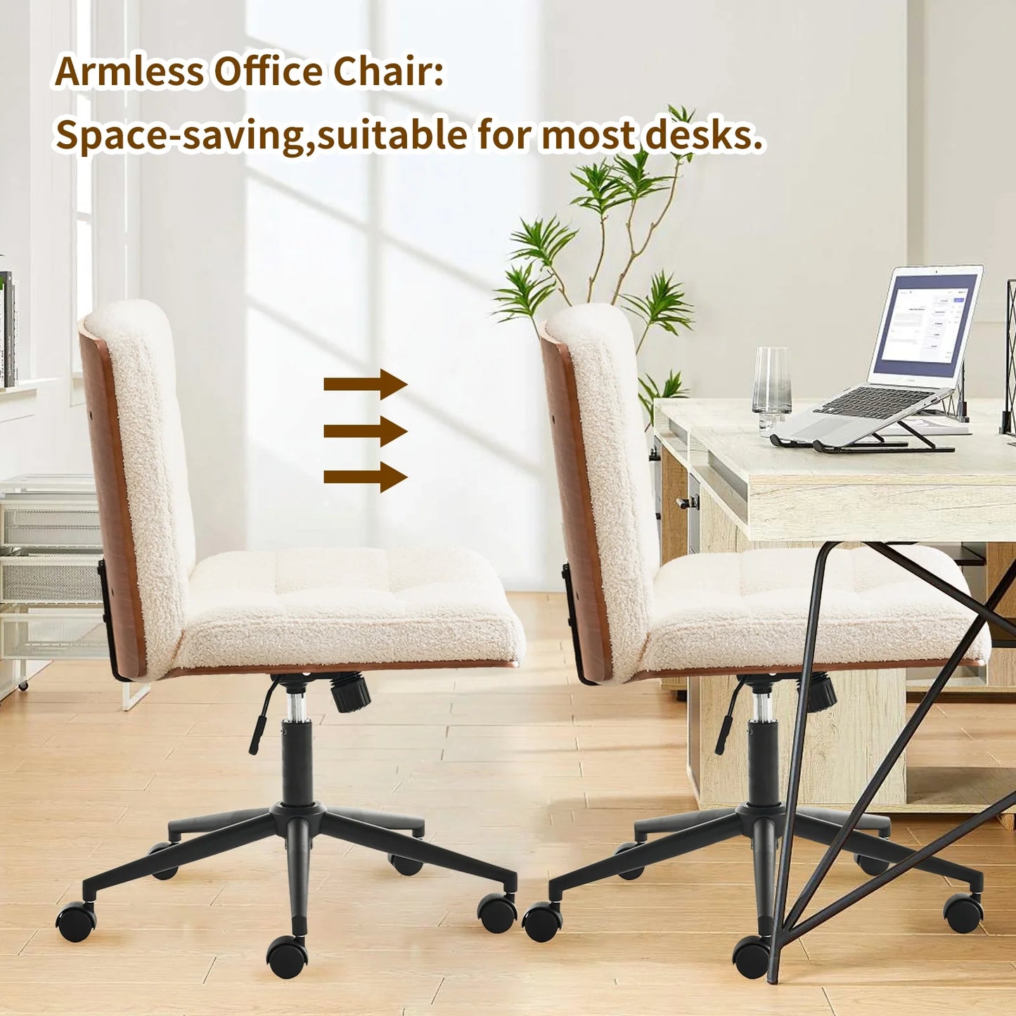 Modern Walnut Office Chair, Wide Seat Swivel Task Chair, Armless Ergonomic Chair with Wheels for Home Office, Bedroom, Ivory White