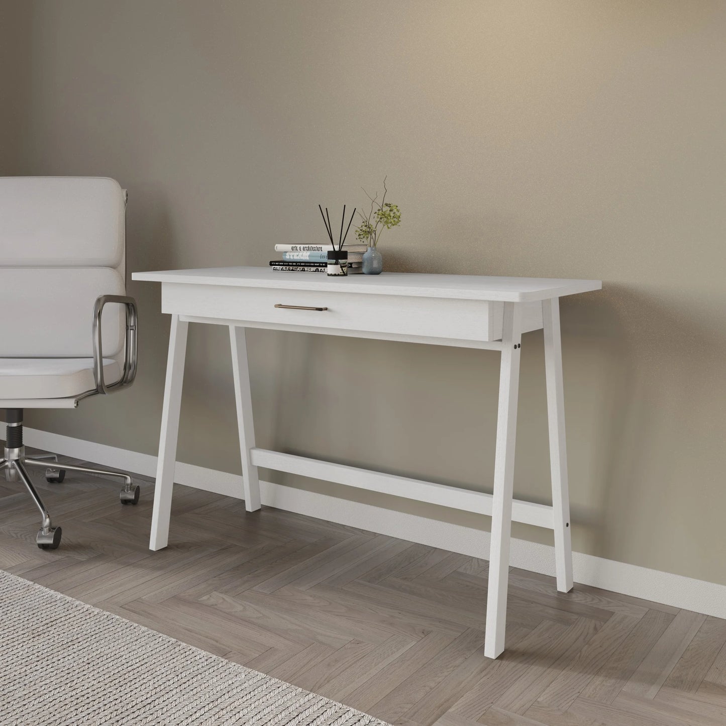 Home Design Serafina Writing Desk with Spacious Tabletop and Built-In Drawer, Modern Clean-Lined Design for Home Office, Study Space, or Remote Work, White