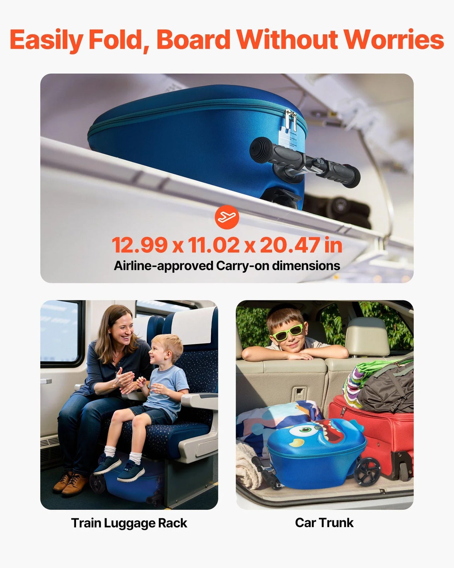 VEVOR Ride-on Luggage 20-inch Kids Scooter Suitcase with Flash Wheels Blue
