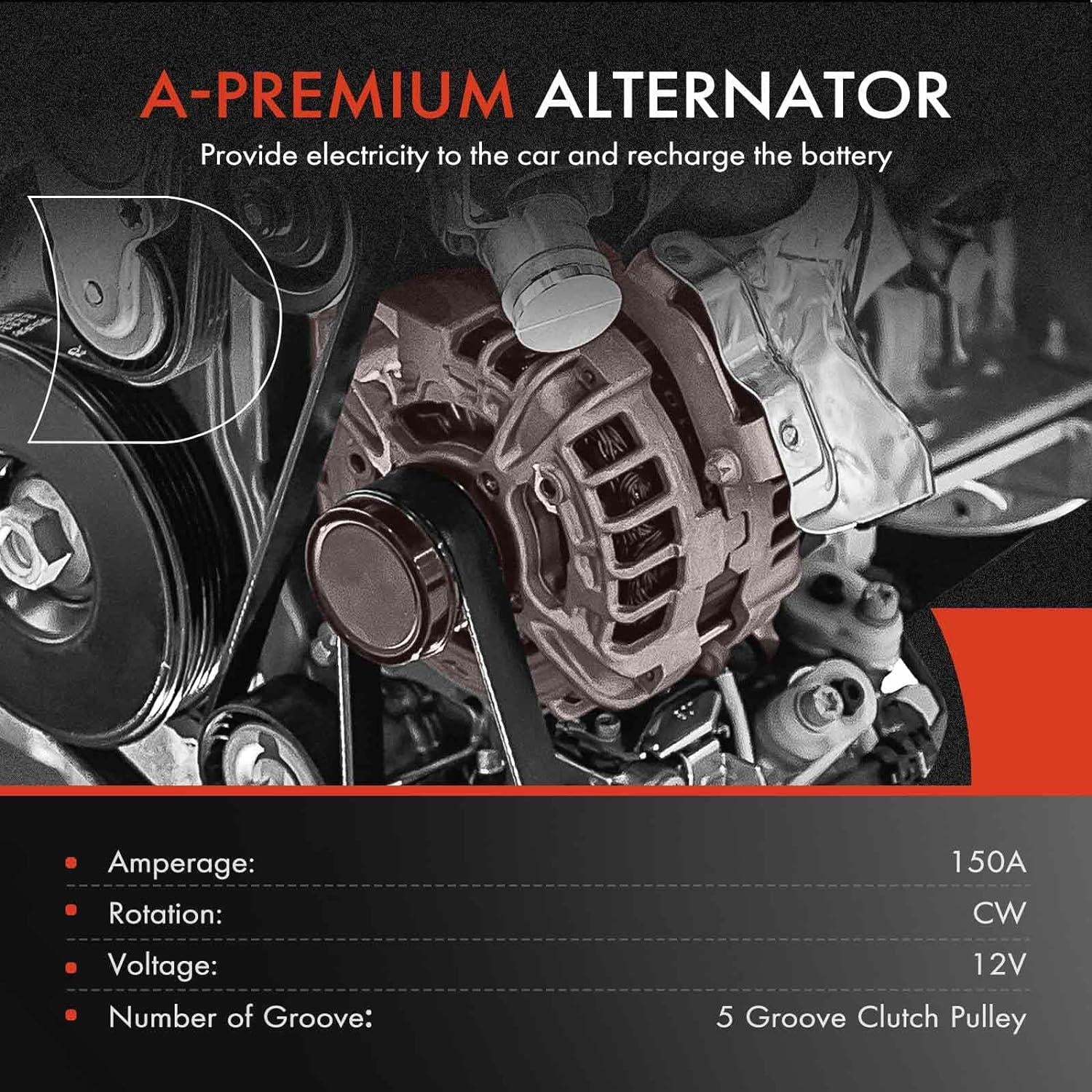 A-Premium Alternator Compatible with Volvo S40 2004, L5 2.4L 2.5L, 12V 150Amp Clockwise 5-Groove Clutch Pulley, Replace# 104210-4050, 3M5T-10300-UA, 30667051