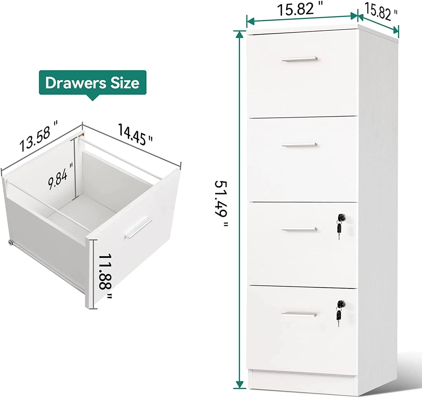 DEXTRUS 4-Drawer Wood File Cabinet with Lock, 15.86" Deep Vertical Filing Cabinet for Home Office, White