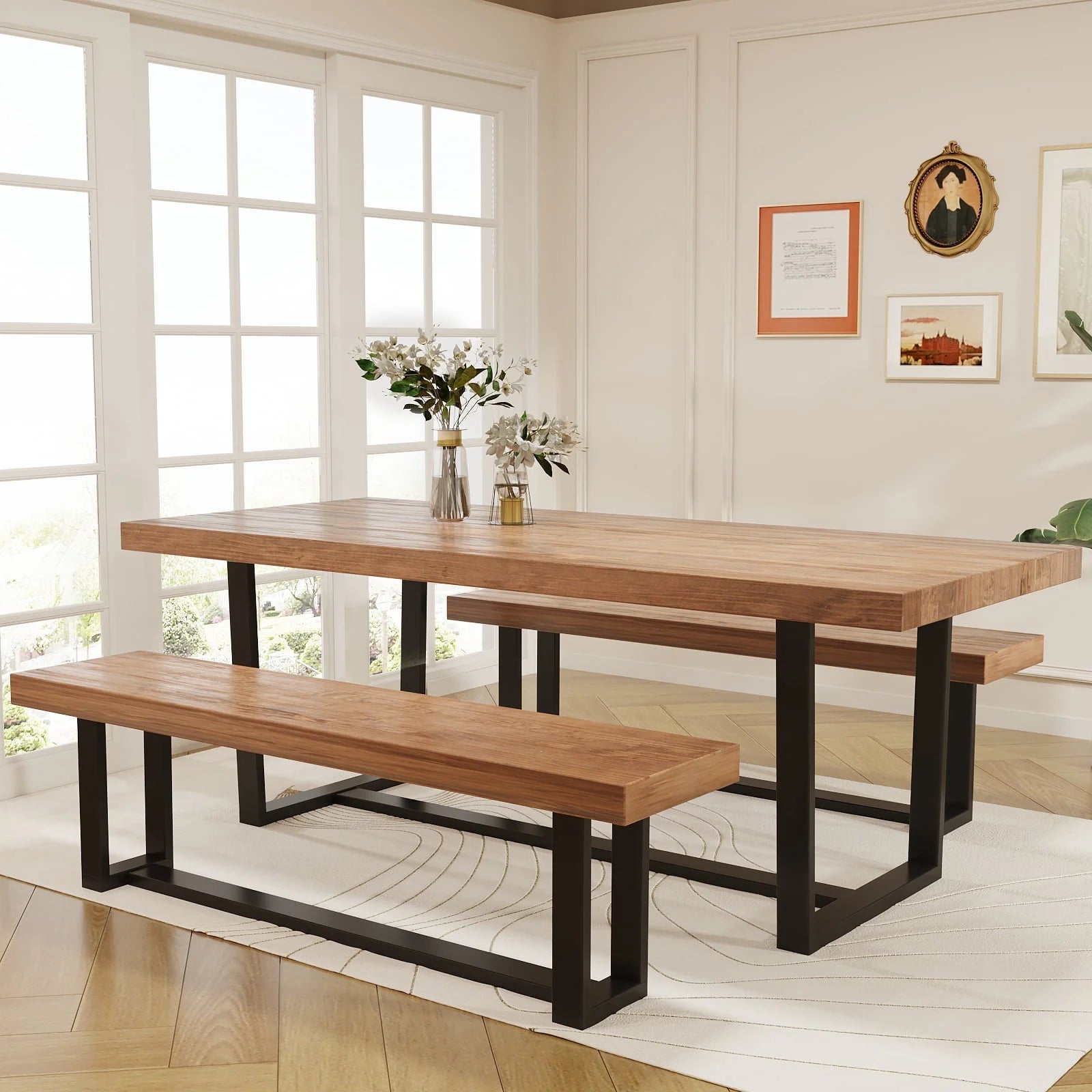 Yaoping 72" Rustic Farmhouse Solid Wood Dining Table with Metal Frame, Rectangular Kitchen and Dining Table for Home Office Furniture(Brown-72 in Dining Table)