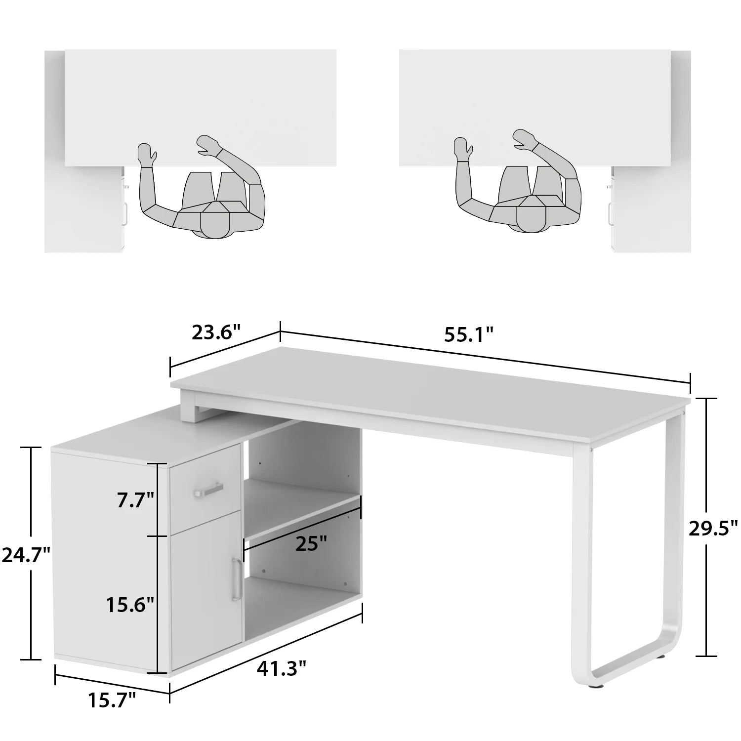 OXYLIFE 55 Inch Reversible Home Office Desk, Wood L-Shaped Corner Desk, Writing Workstation with Drawer, Shelves and File Cabinet, White