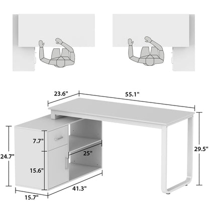 OXYLIFE 55 Inch Reversible Home Office Desk, Wood L-Shaped Corner Desk, Writing Workstation with Drawer, Shelves and File Cabinet, White