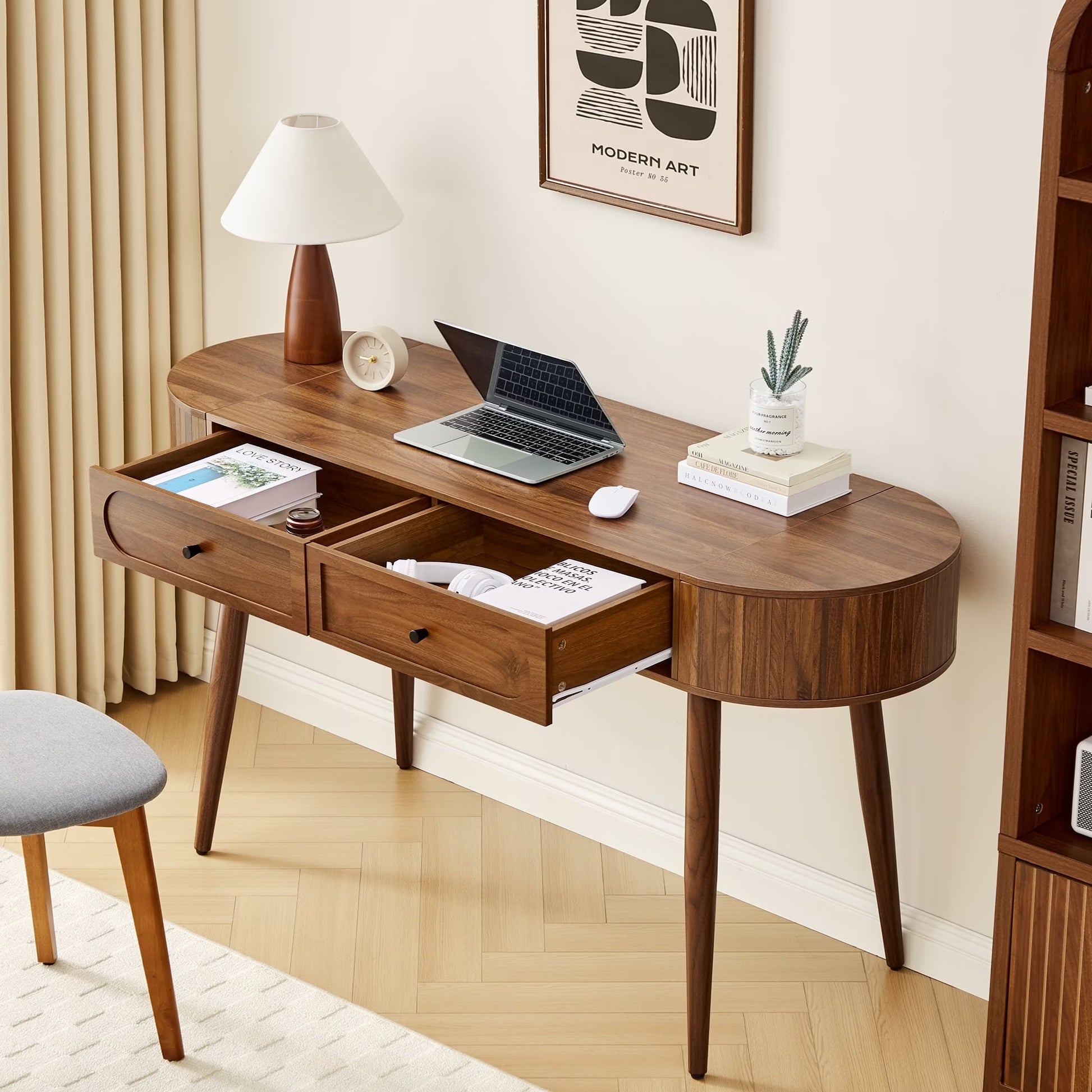 YOCWO Modern Home Office Desk with 2 Drawers and 2 Fflip-top Storage, Oval Computer PC Desk Table, Vanity Desk with Fluted Curved Table Edge, Walnut