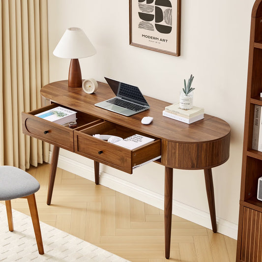 YOCWO Modern Home Office Desk with 2 Drawers and 2 Fflip-top Storage, Oval Computer PC Desk Table, Vanity Desk with Fluted Curved Table Edge, Walnut