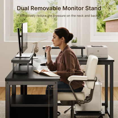 66" L Shaped Computer Desk with Power Outlets, Gaming Desk with Shelf and Drawers for Home Office, Black