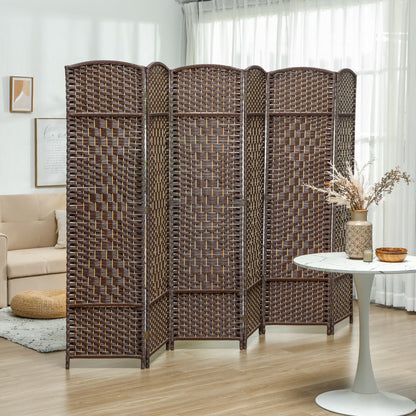 HOMCOM 6 Panel Room Divider, 6' Tall Folding Privacy Screen, Hand-Woven Freestanding Wood Partition for Home Office, Bedroom, Brown