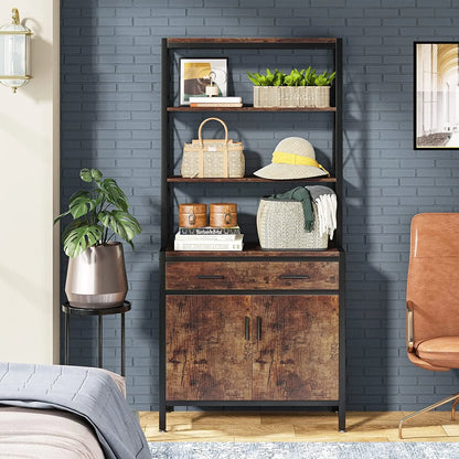 Tribesigns Bookshelf with Drawer, 4 Tier Bookcase with Doors Cabinet for Living Room, Home Office, Rustic Brown & Black