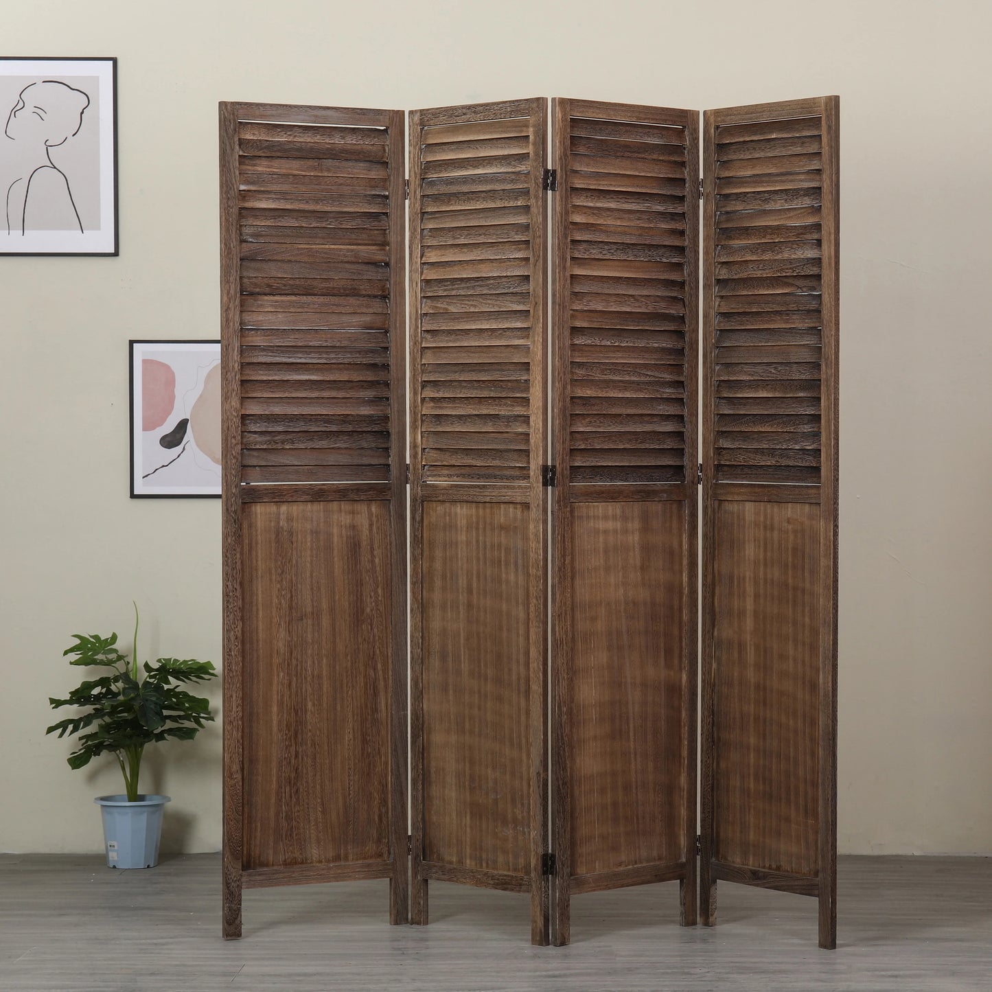 Light Brown 4-Panels Room Divider w/Window Shutter Style