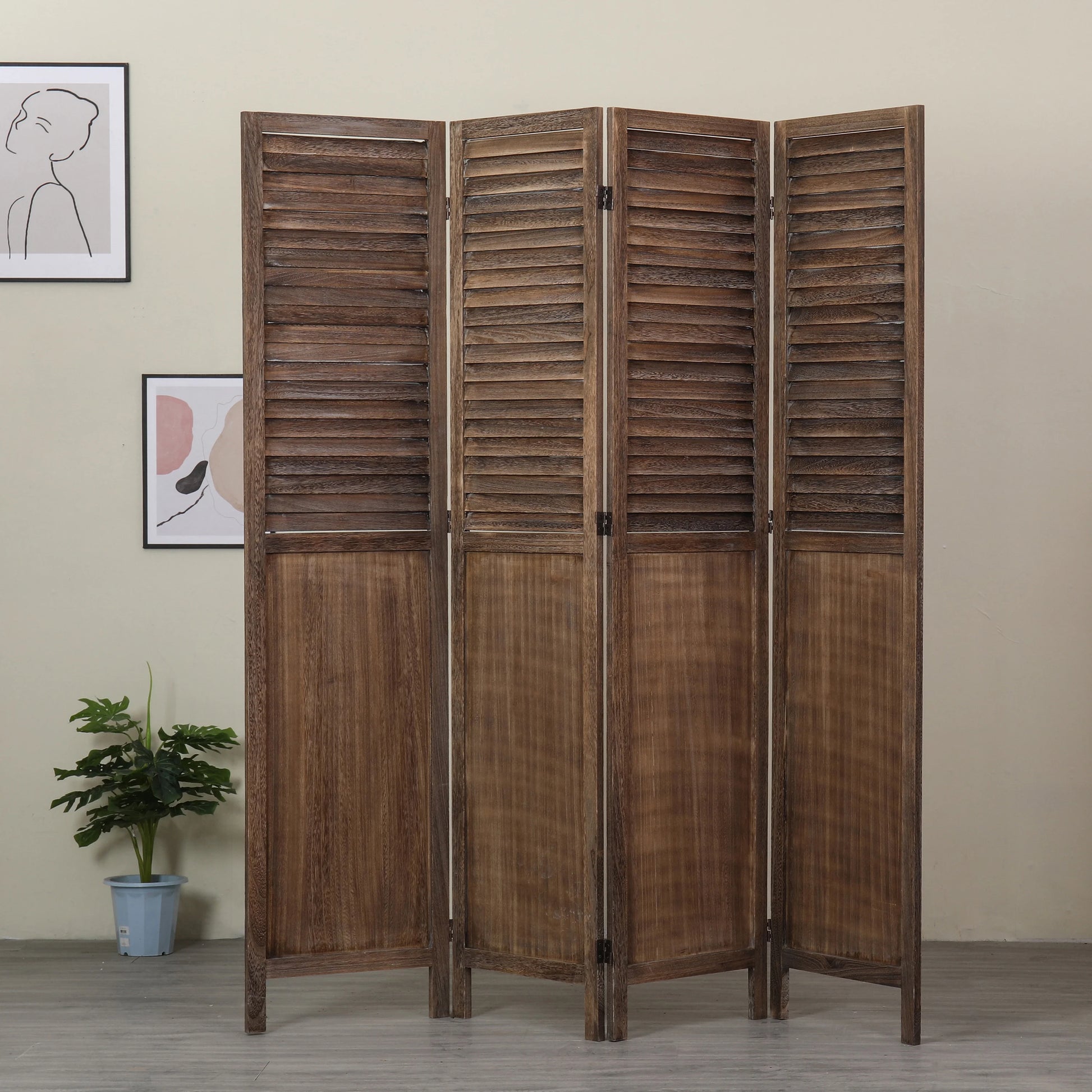 Light Brown 4-Panels Room Divider w/Window Shutter Style