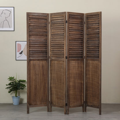Light Brown 4-Panels Room Divider w/Window Shutter Style