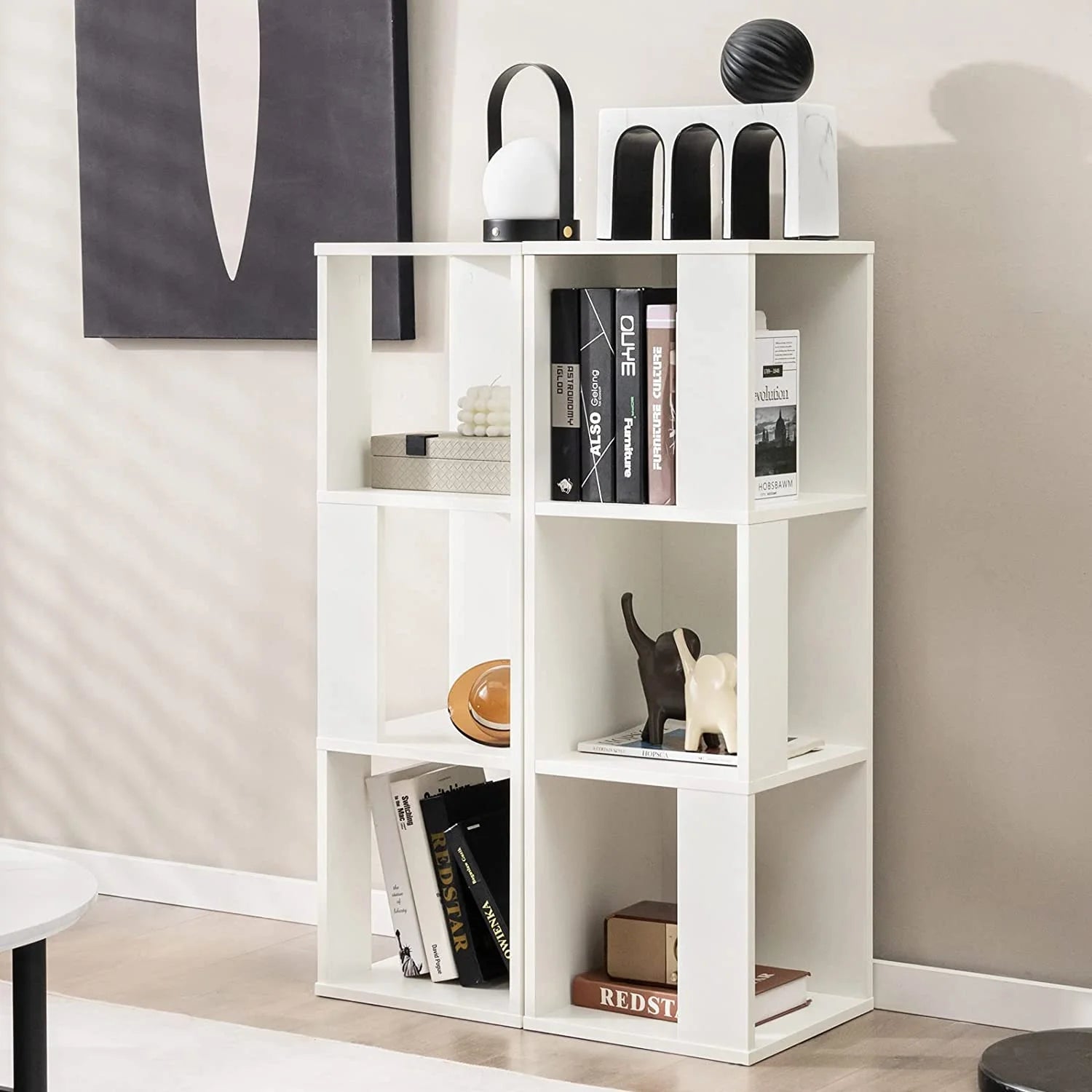 3 Cube Bookcase Set of 2, Modern Bookshelf w/Cubical Storage Shelves, Wood Bookshelves & Bookcases, Small Book Shelf for Bedroom, Living Room, Home Office (White)