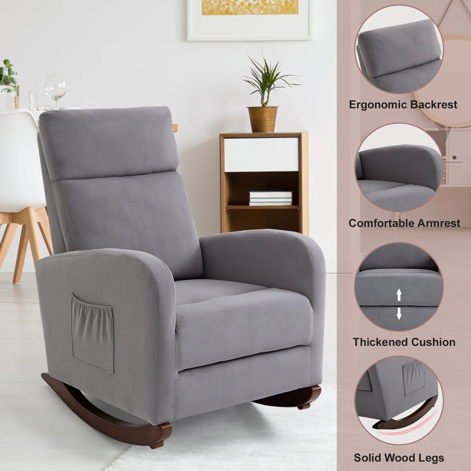AVAWING Nursery Rocking Chairs Mid Century Glider Chair Upholstered Velvet High Back Arm Chair (Gray)