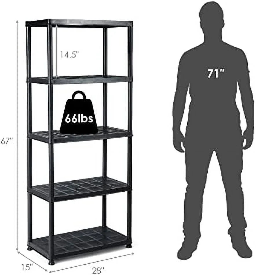 5 Tier Plastic Storage Shelves, Easy to Assemble Garage Rack, Multi-Use Free Standing Shelf Unit, Heavy Duty Shelving for Home Office, Black(2, 36° L X 18° W X 73° H)