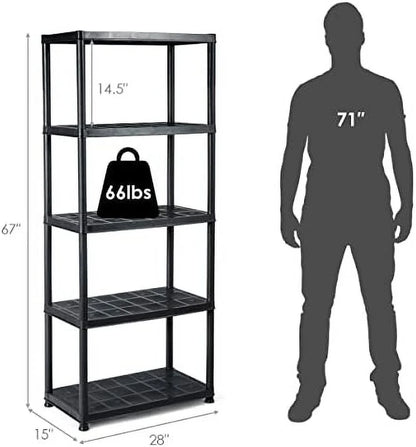 5 Tier Plastic Storage Shelves, Easy to Assemble Garage Rack, Multi-Use Free Standing Shelf Unit, Heavy Duty Shelving for Home Office, Black(2, 36° L X 18° W X 73° H)
