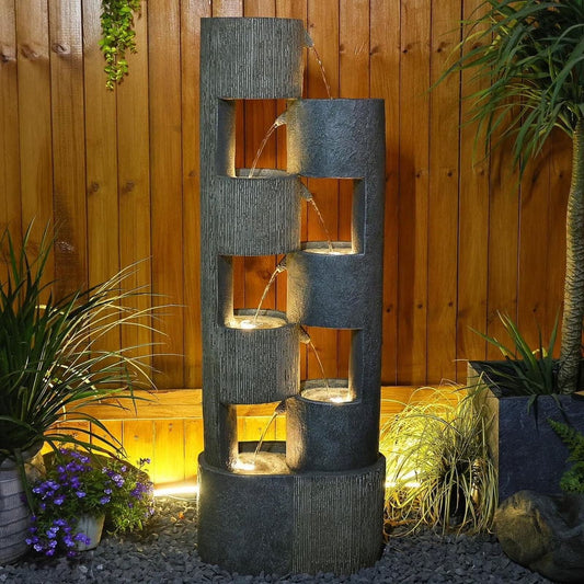 51" Outdoor Water Fountain Floor Standing Waterfalls Fountain with LED Lights for Garden, Living Room, Patio, Home Decor