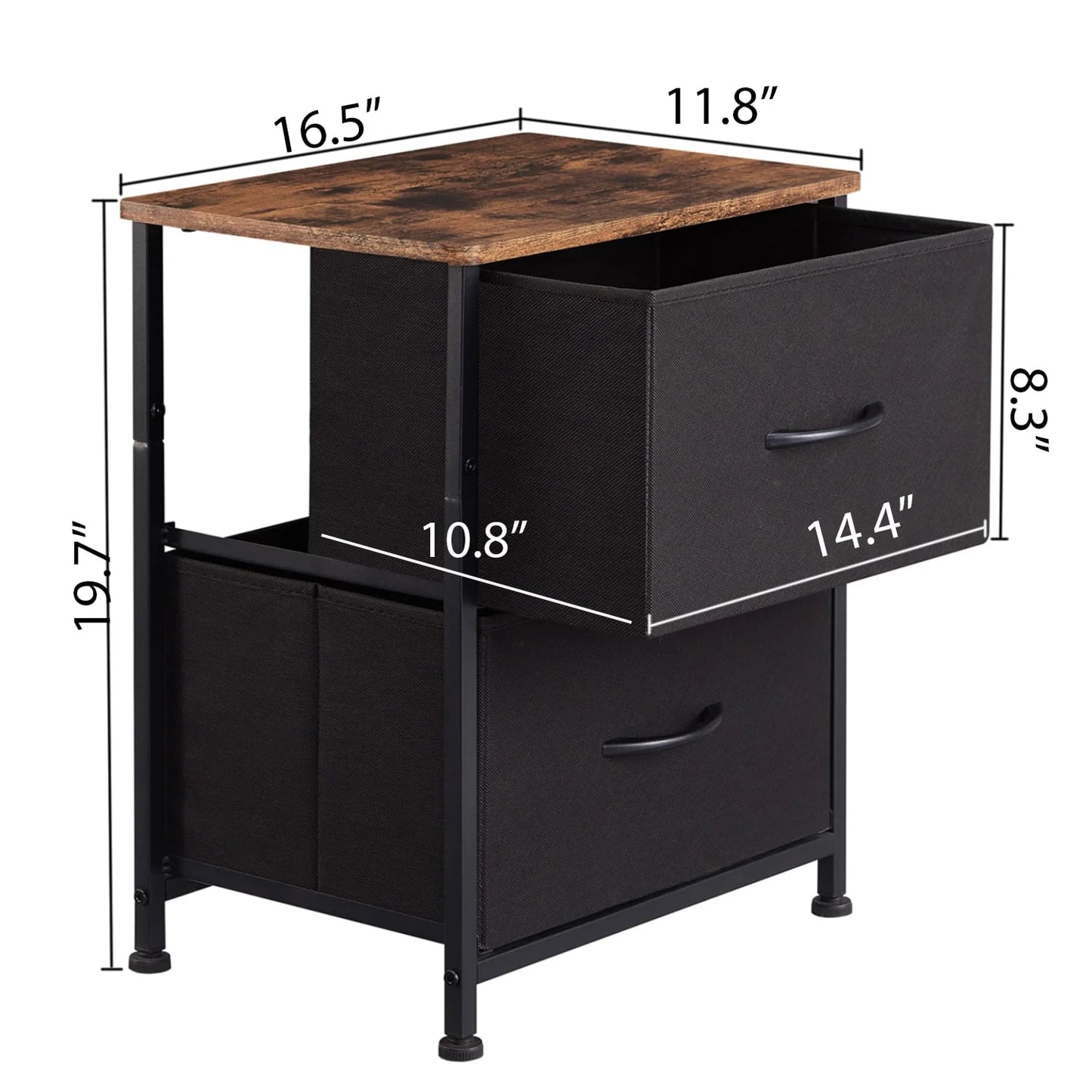 Somdot Small Dresser with 2 Drawers Set of 2, Nightstands Bedside Table with Removable Fabric Bins for Bedroom Office Laundry Closet Entryway Hallway Nursery Room,Black/Rustic Brown