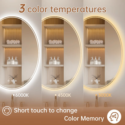 Funtouch 20" x 28" Oval LED Bathroom Mirror with Lights, Anti Fog LED Bathroom MirrorDimmable, Front and Backlit, 3 Colors, Memory, Shatterproof