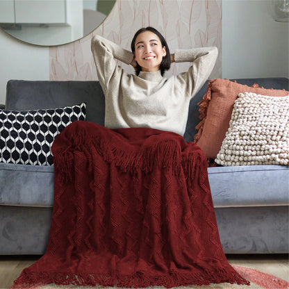 PAVILIA Maroon Red Knit Throw Blanket Couch, Soft Knitted Boho Farmhouse Home Decor Woven Throw, Cozy Decorative Afghan Bed Sofa, Outdoor Summer Fall Gift Lightweight, Burgundy Wine Cranberry, 50x60