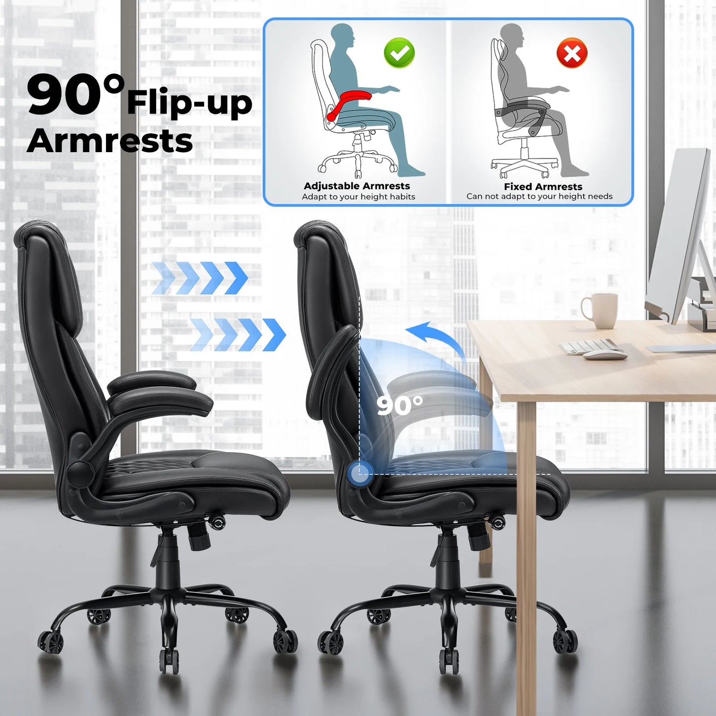 Hoffree Big and Tall Office Chair, 500lbs Executive Desk Chair with Adjustable Lumbar Support Ergonomic Computer Leather Chair with Padded Flip-up Arms for Home Office