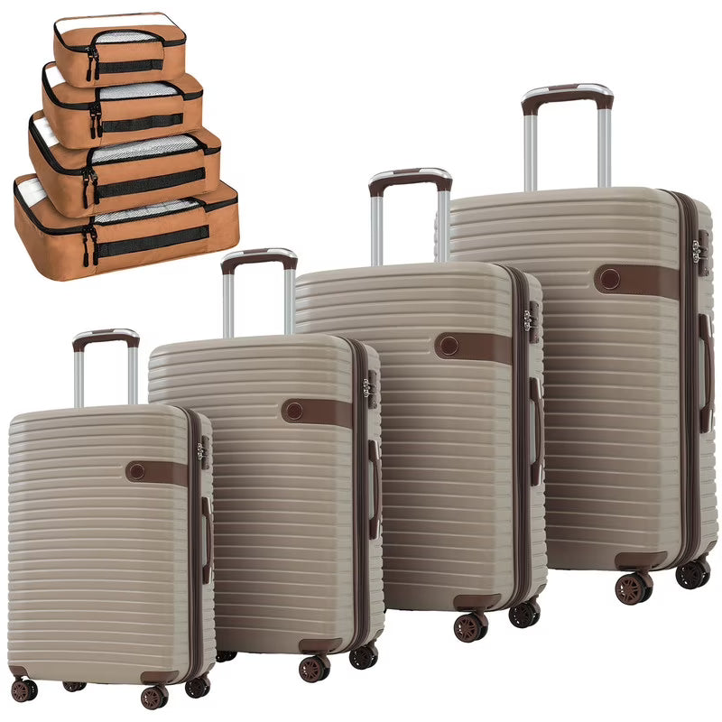 EBQOSK 4PCS Carry On Expandable Luggage Set with 4 Packing Cubes, 16/24/26/28 Inch Three-layer ABS Composite Suitcases with TSA Lock & 360° Spinner Wheels for Family Travel, Expand 25% Space Brown