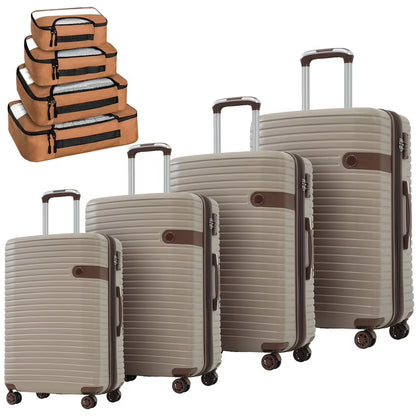 EBQOSK 4PCS Carry On Expandable Luggage Set with 4 Packing Cubes, 16/24/26/28 Inch Three-layer ABS Composite Suitcases with TSA Lock & 360° Spinner Wheels for Family Travel, Expand 25% Space Brown
