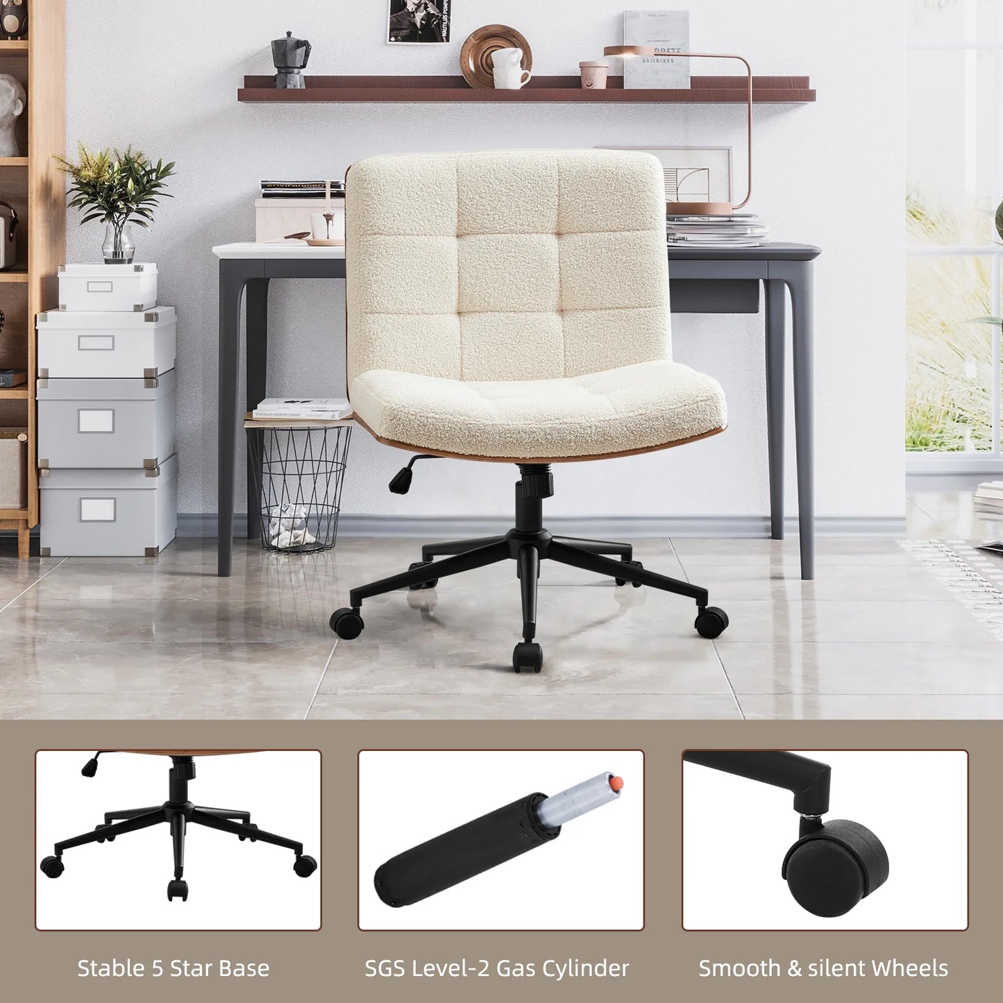Modern Walnut Office Chair, Wide Seat Swivel Task Chair, Armless Ergonomic Chair with Wheels for Home Office, Bedroom, Ivory White