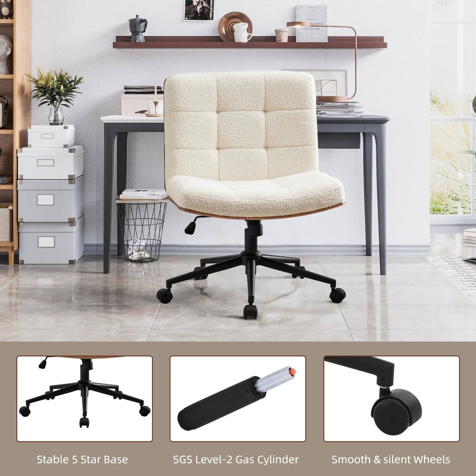 Modern Walnut Office Chair, Wide Seat Swivel Task Chair, Armless Ergonomic Chair with Wheels for Home Office, Bedroom, Ivory White