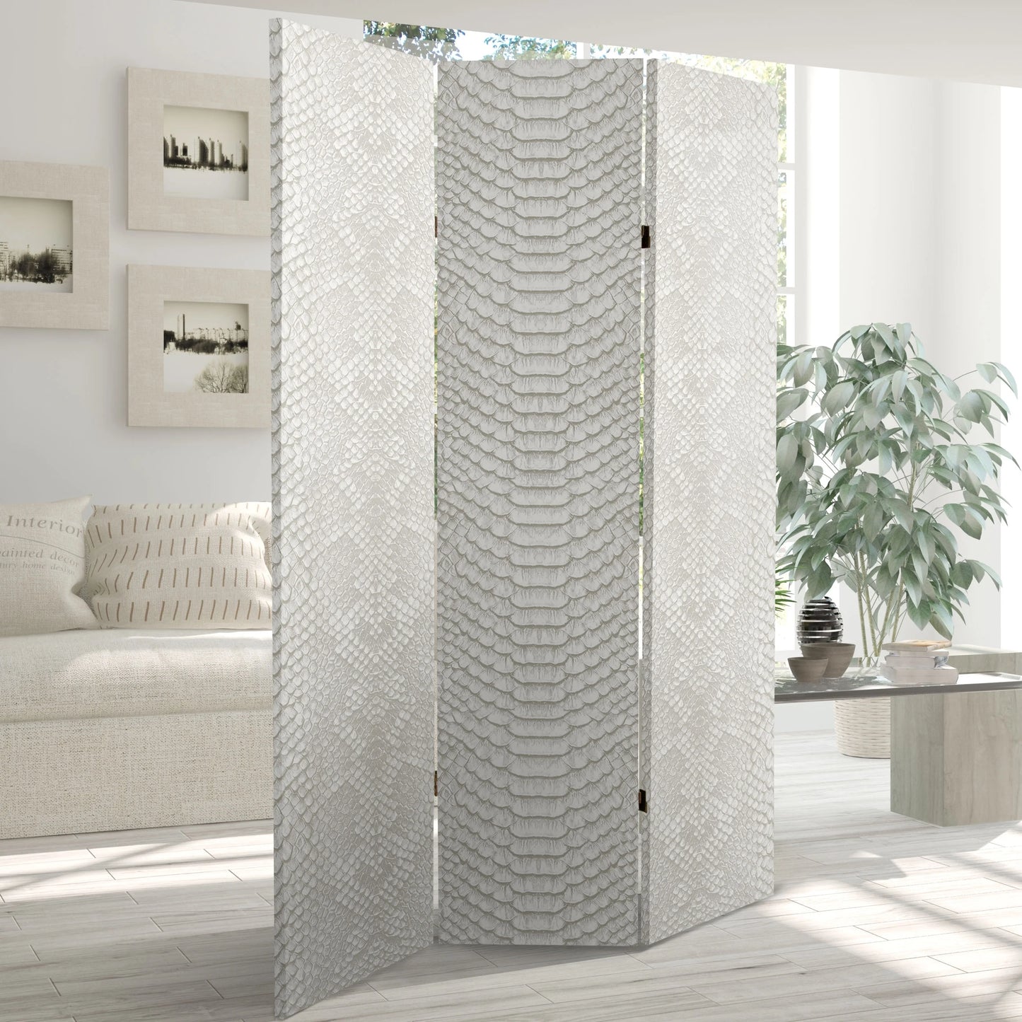 Oriental Furniture 6 ft. Tall White Snake Print Canvas Room Divider - 3 Panel