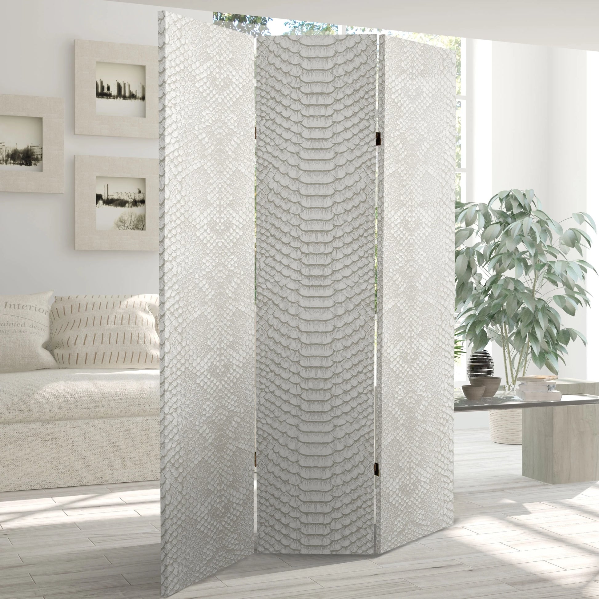 Oriental Furniture 6 ft. Tall White Snake Print Canvas Room Divider - 3 Panel