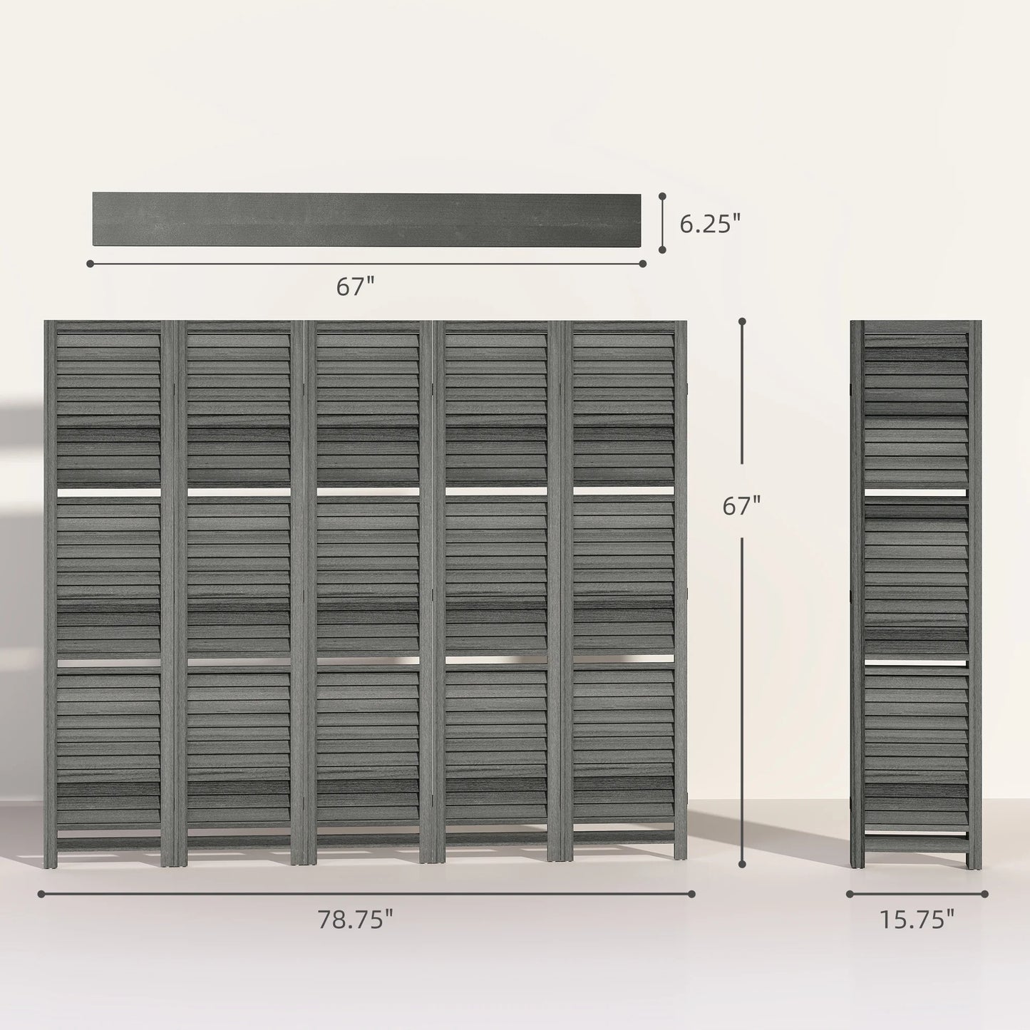 HOMCOM 5 Panel 67" Tall Wood Privacy Screen Room Divider with 3 Display Shelves, and Folding Storage for Bedroom or Home Office, Gray
