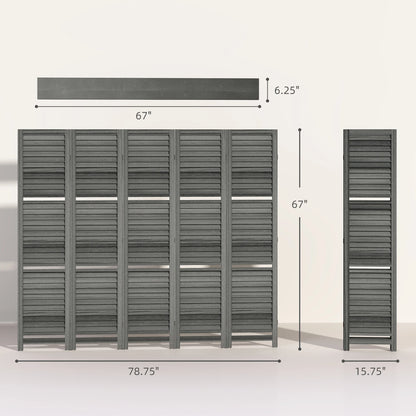 HOMCOM 5 Panel 67" Tall Wood Privacy Screen Room Divider with 3 Display Shelves, and Folding Storage for Bedroom or Home Office, Gray