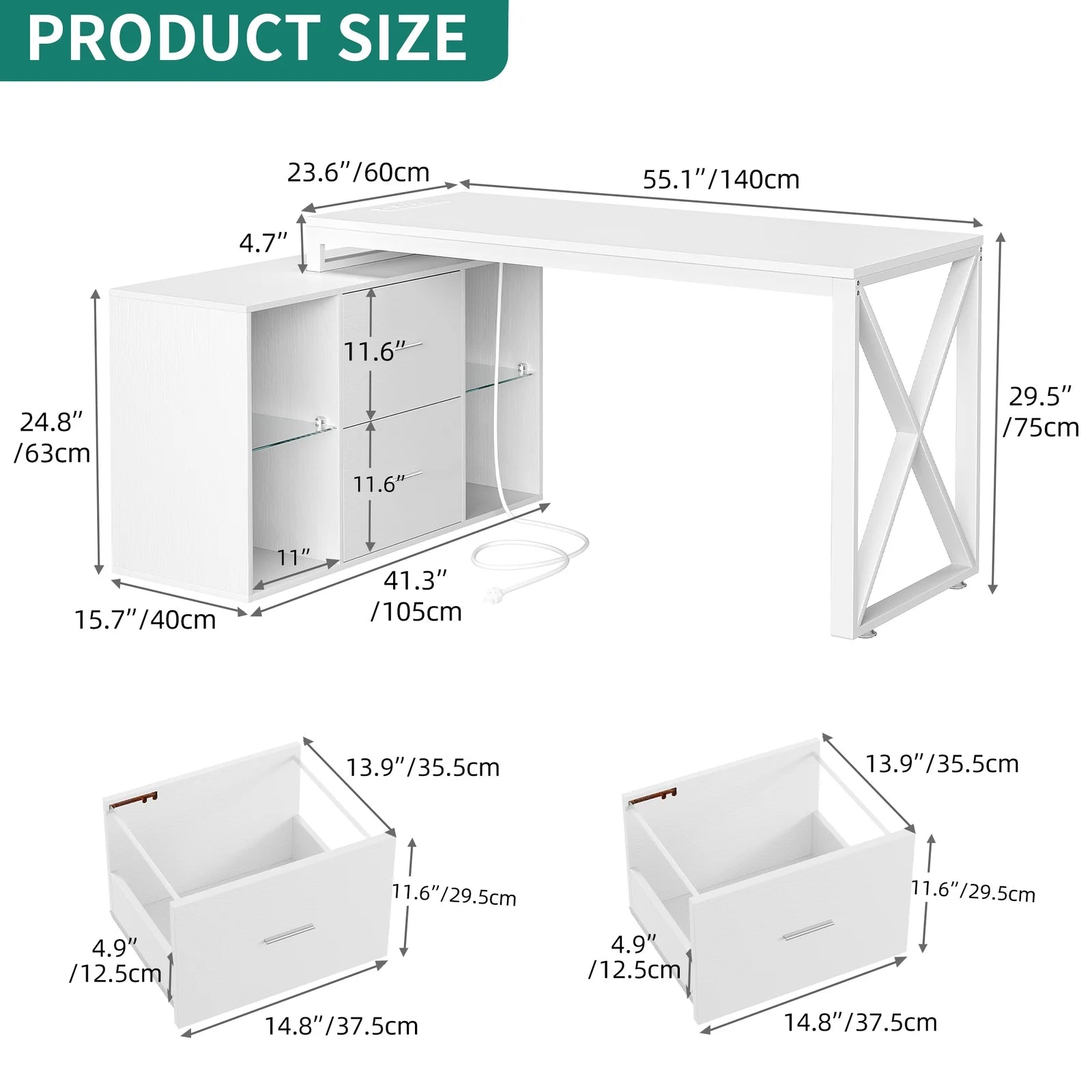 AGRTY55 inch reversible L-shaped office desk with power socket and filing cabinet - multifunctional computer desk with LED lights, modern design, space saving, suitable for home office