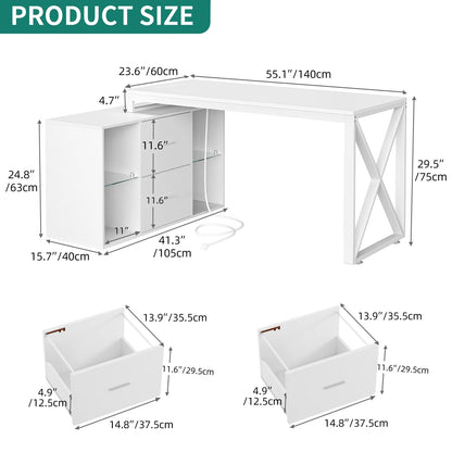 AGRTY55 inch reversible L-shaped office desk with power socket and filing cabinet - multifunctional computer desk with LED lights, modern design, space saving, suitable for home office
