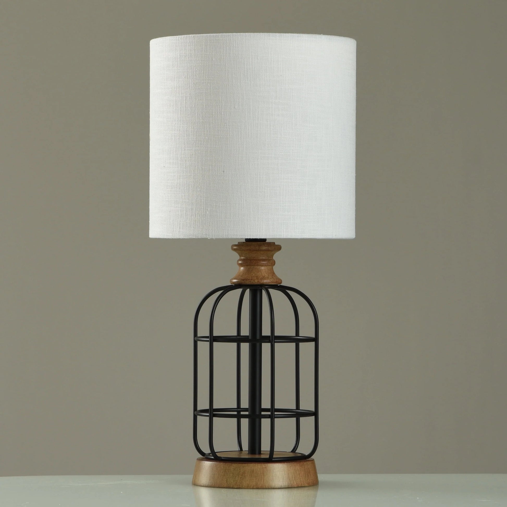 Mainstays Black Metal Cage Table Lamp with Wood Accents and Drum Shade, 17"