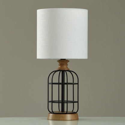 Mainstays Black Metal Cage Table Lamp with Wood Accents and Drum Shade, 17"