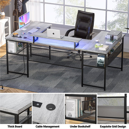 Homieasy U Shaped Desk with Power Outlet and LED Strips, 129.9'' Ergonomic L-Shaped Gaming Desk with Monitor Stand, Reversible Corner Computer Desk with Storage Shelf for Home Office, White Oak