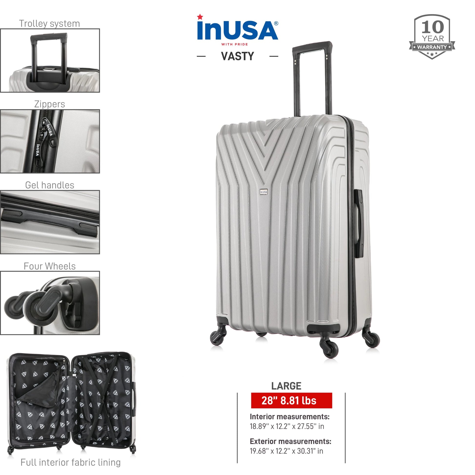 InUSA Vasty 28" Hardside Lightweight Luggage with Spinner Wheels, Handle, and Trolley, Gray