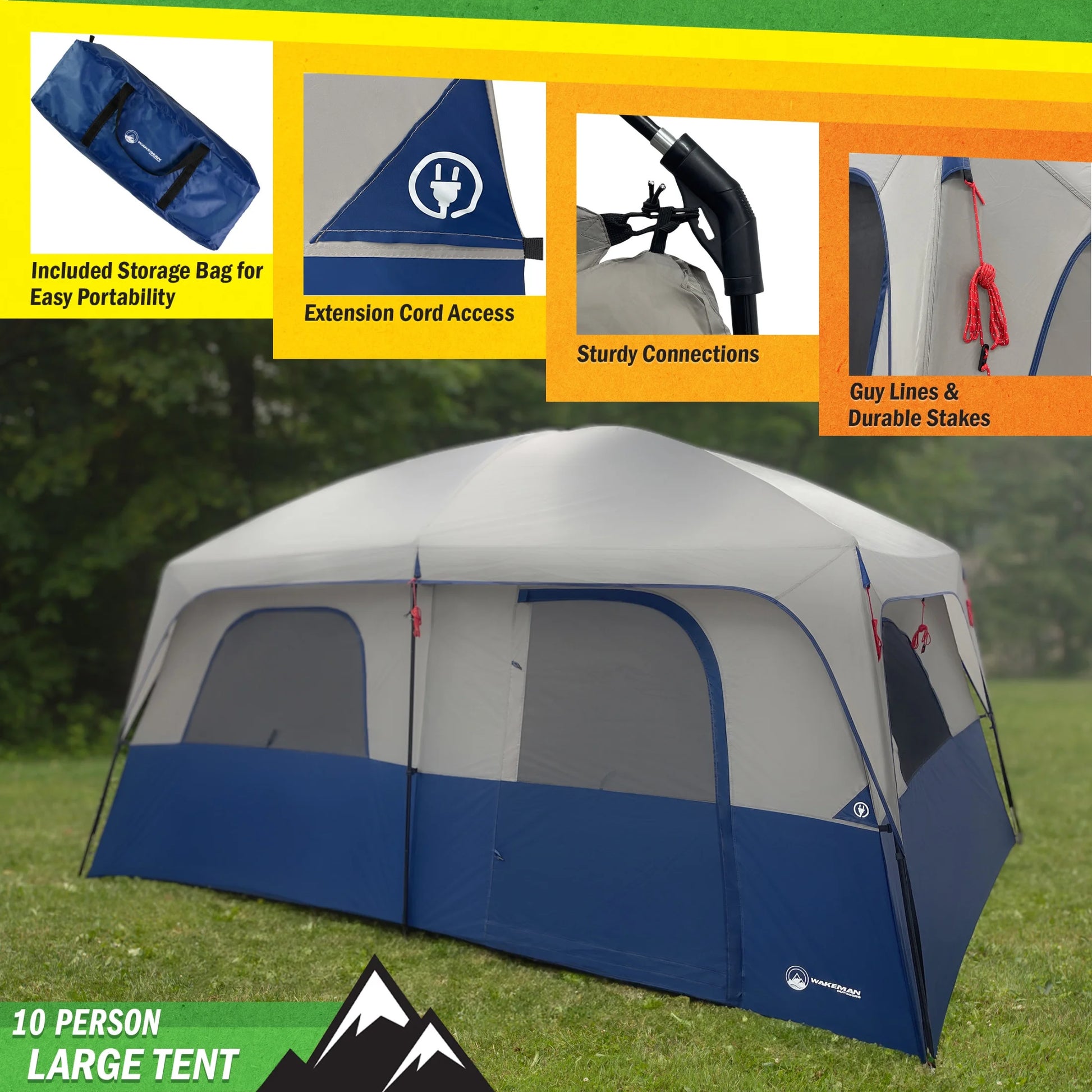 Wakeman Outdoors 10 Person Camping Tent with Room Divider and Rainfly, Navy