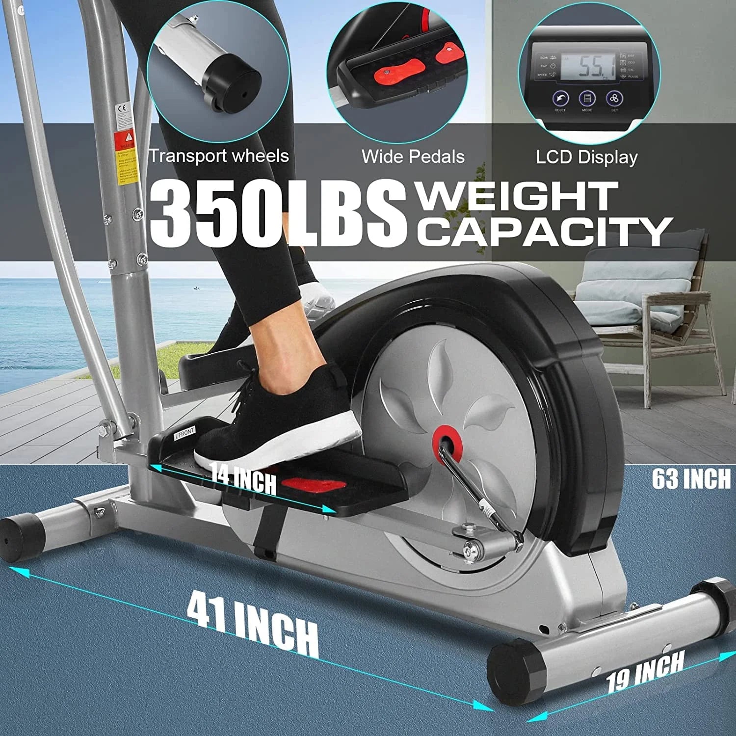 ANCHEER Exercise Elliptical Machine with 8 Resistance Method, 15" Stride Cross Trainer with Pulse Rate Grips, LCD Monitor, Smooth Quiet Driven, 350 lbs Weight Capacity for Home Office
