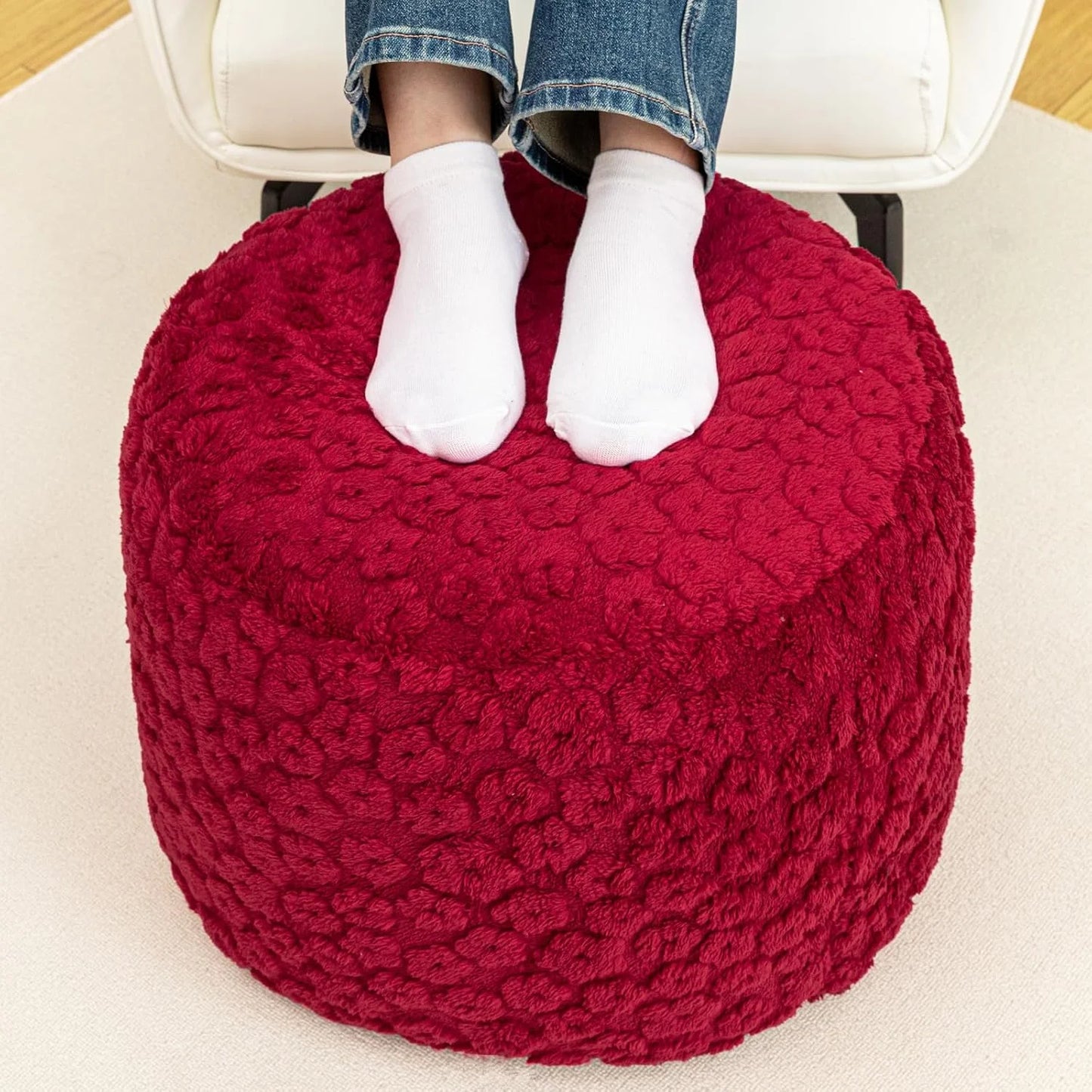 Ottoman Foot Rest Stuffed Round Boho Floor Poof Seating Armchair Ottoman Foot Stool Floor Cushion Bean Bag Pouf 18x18x14 Inch Burgundy
