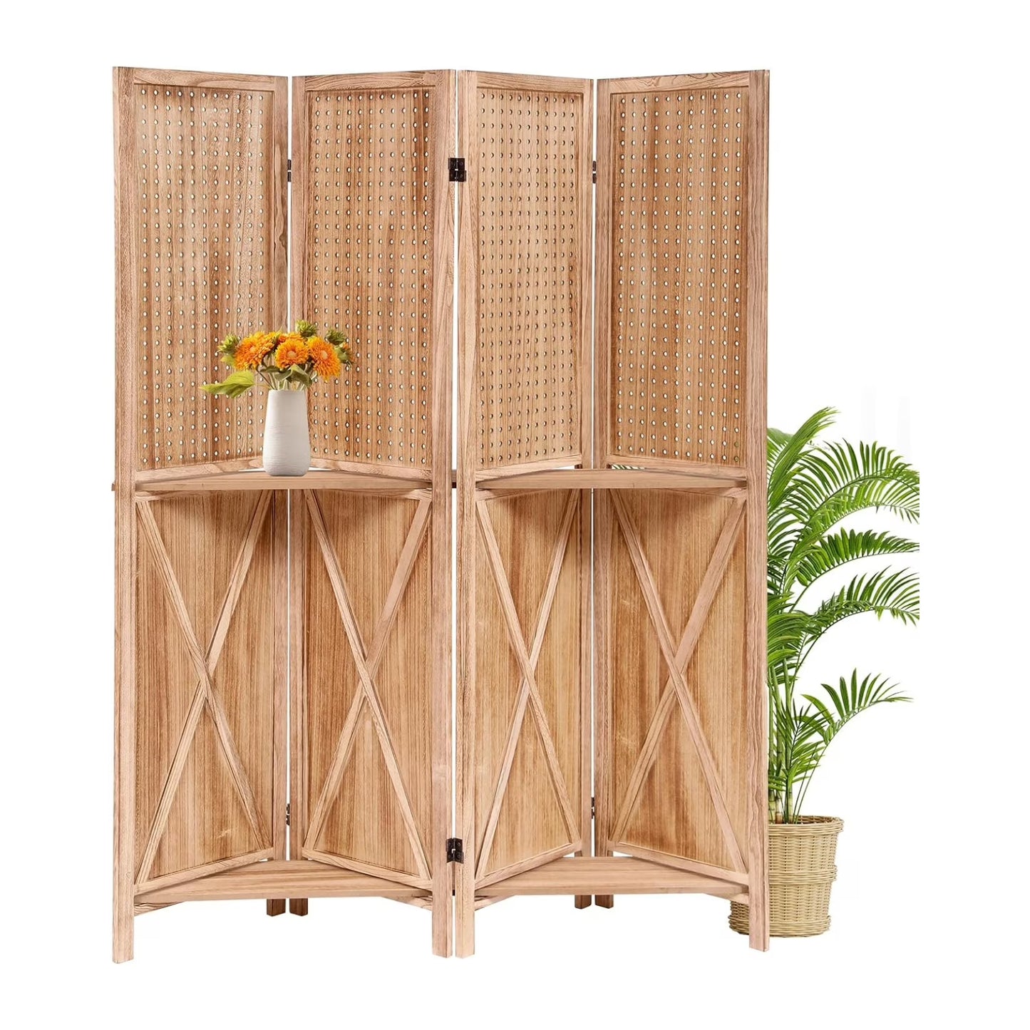 Wooden Room Divider Wall 4 Panel with Holes,5.6FT Tall Room Divider with Shelves,Folding Privacy Screens 67 in for Room Separation Home Office Bedroom