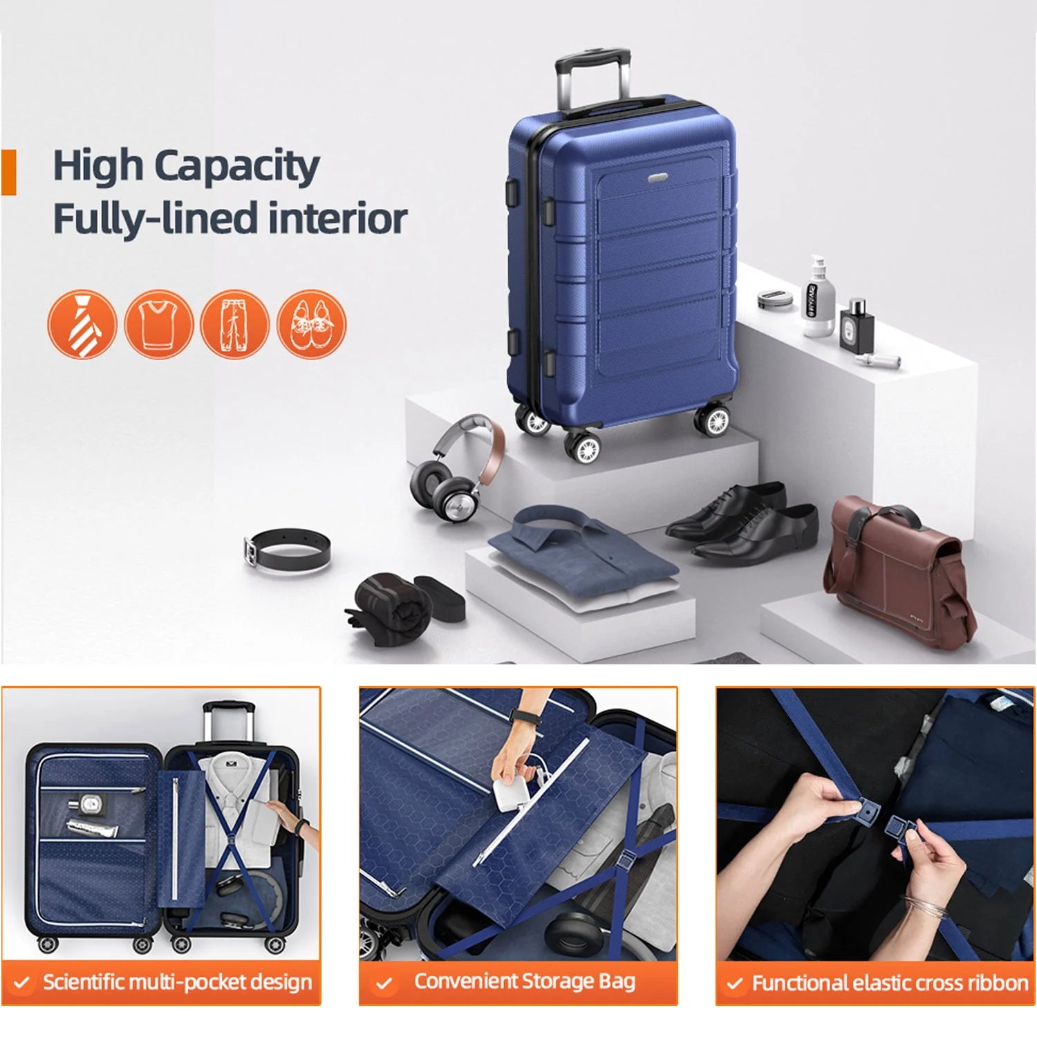SHOWKOO 20" Carry-on Durable PC+ABS Hardside Luggage with Spinner Wheels TSA Lock (Blue)
